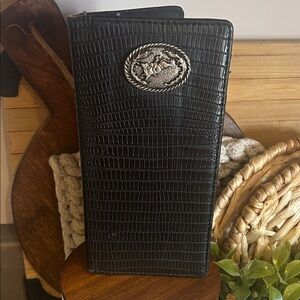 Rodeo Bucking Bull Emblem Black Textured Wallet Vegan Leather